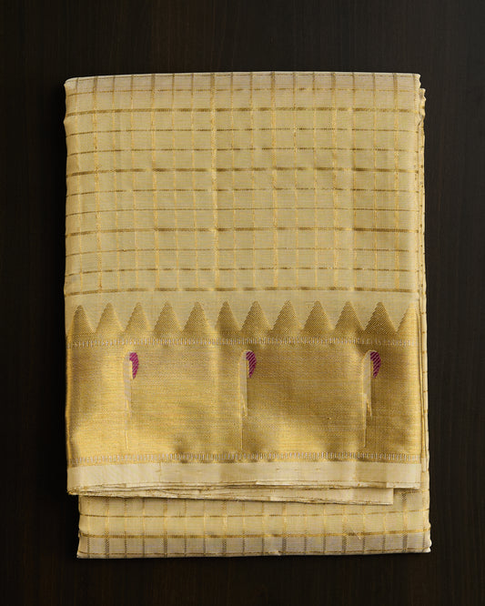 Pure Kanchipuram Silk Paithani Border Checked Dhoti set 9*5 + 2.50 (3in1)