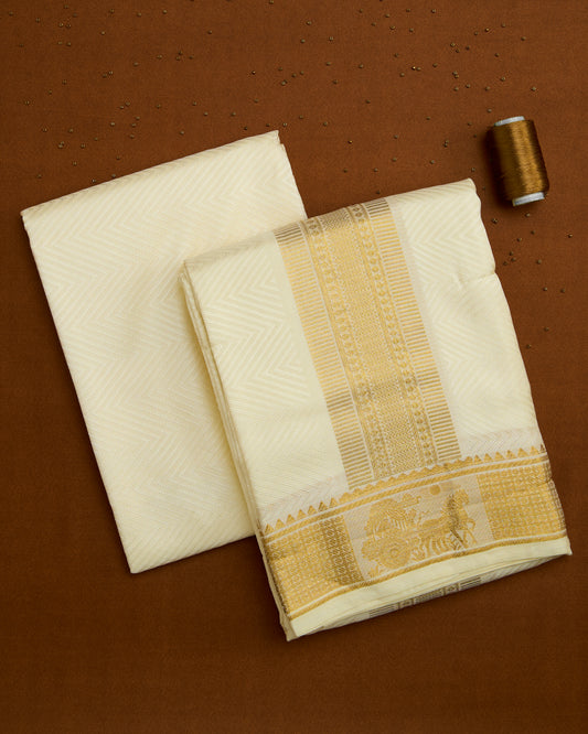 Semi Silk Embossed Chariot Border Dhoti set 8Mulam + 2.50 (2in1)
